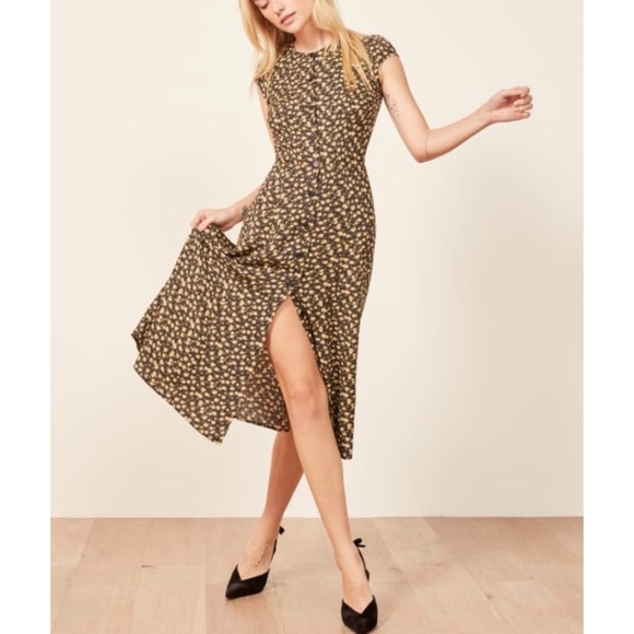 Reformation yellow black floral cap sleeve midi dress NEW - Picture 2 of 14
